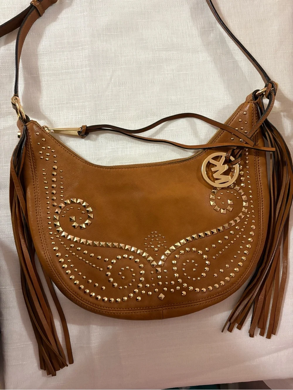 Michael Kors Cognac Suede Studded Fringe Shoulder Bag